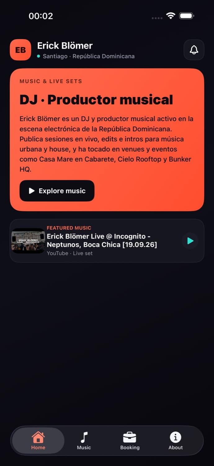 Pantalla inicial de la app iOS de Erick Blömer
