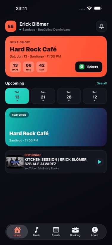 Pantalla inicial de la app iOS de Erick Blömer